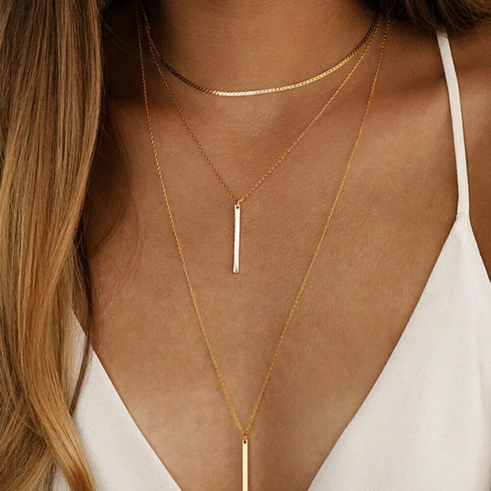 Yellow Gold Casual Women's Snake Bone Chain Multilayer Pendant Necklace
